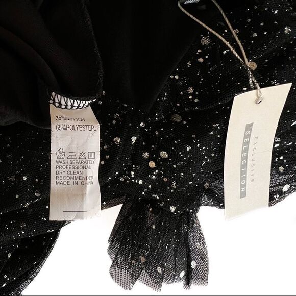 NWT CBR Black Long Sleeve Tulle Silver Paint Splatter Spackle Ruffle Dress S - Picture 5 of 5